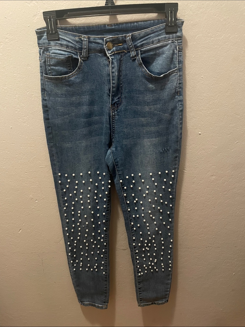 SHEIN Blue Pearl-Studded Jeans Size Small